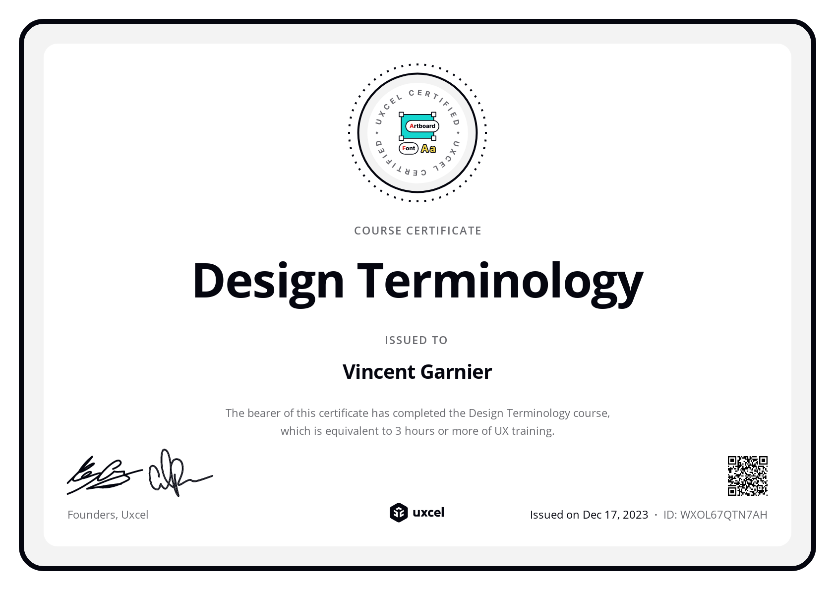 Vincent Garnier's certificate
